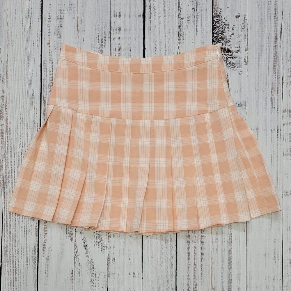 Blue Blush Women's Small Peach Plaid Pleated School Girl Mini Skirt
